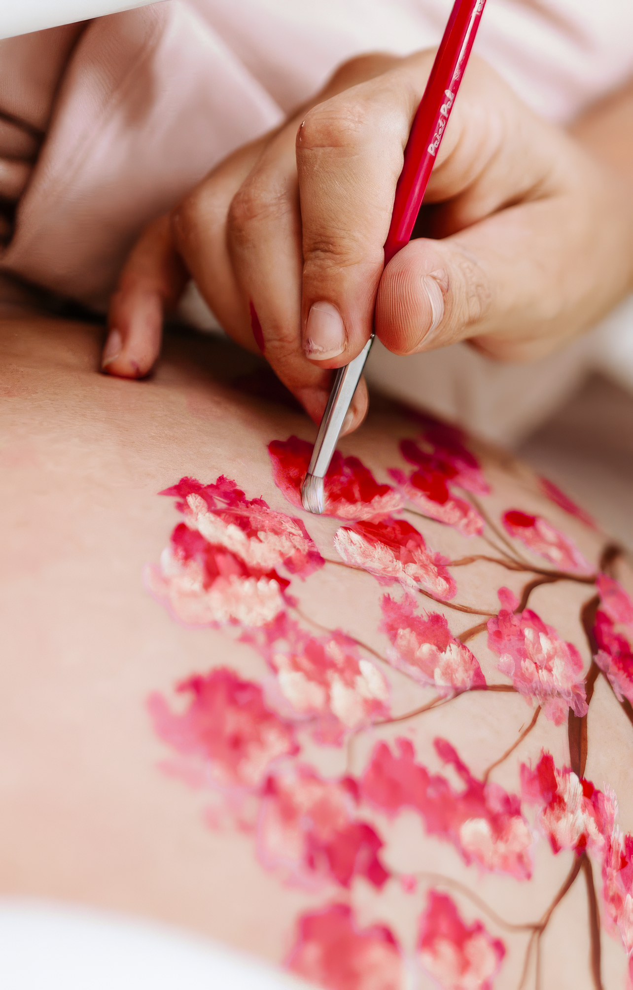 Pincel pintando flores em uma barriga gestante